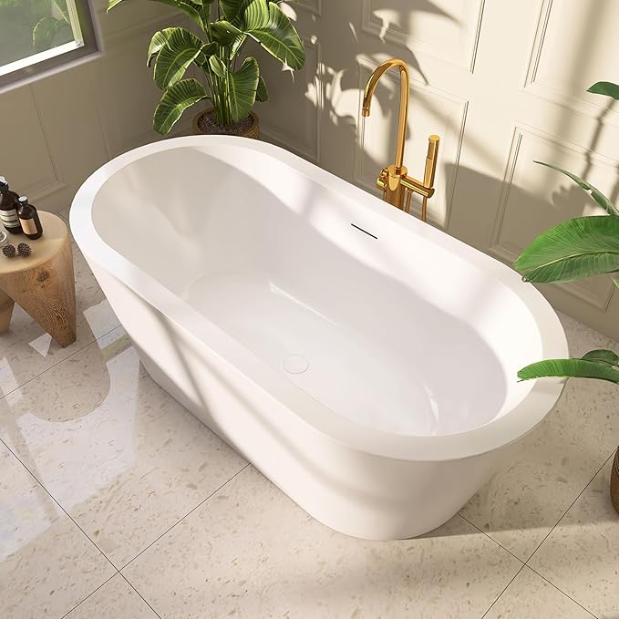 64" Acrylic Freestanding Bathtubs, Stand Alone Tub, Soaking Tubs for Bathroom, Integrated Overflow and Drain, cUPC Certified, Gloss White