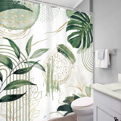 Sage Green Boho Shower Curtain 72Wx78H Mid Century Modern Tropical Palm Leaves Plant Abstract Bohemian Geometric Arch Bathroom Decor Botanical Bath Curtain Fabric Polyester 12 Pack Hooks