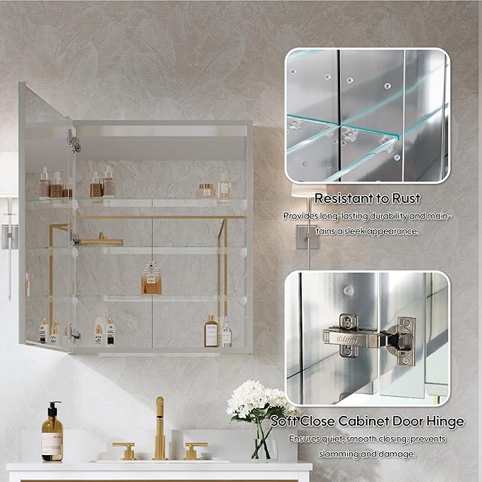 WELLFOR 24" x 30" Bathroom Medicine Cabinet, Anodized Chrome Aluminum Frame, Medicine Cabinet with Adjustable Glass Shelves, Bathroom Cabinet with Reverse Door Installation, Surface or Recessed Mount