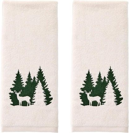 SKL Home Christmas/Winter Deer Spruce 100% Cotton Embroidered 2pc Hand Towel Set, Decorative for Bath/Kitchen/Bar, Natural