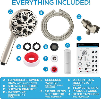 SparkPod 10-Mode Handheld Shower Head with Filter - 5" High Pressure Filtered Shower Head with Touch-to-Clean Nozzles, Built-In Power Jet, Stainless Steel 6ft Hose & Bracket (Brushed Nickel)