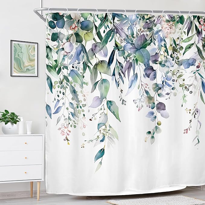 Riyidecor Teal Shower Curtain for Bathroom Decor 72Wx72H Eucalyptus Leaves Plants Navy Watercolor Floral Rustic Botanical Spring Nature Art Printed Fabric Polyester Waterproof 12 Pack Plastic
