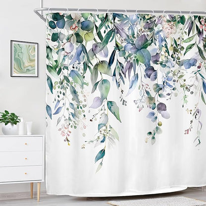 Riyidecor Teal Shower Curtain for Bathroom Decor 72Wx72H Eucalyptus Leaves Plants Navy Watercolor Floral Rustic Botanical Spring Nature Art Printed Fabric Polyester Waterproof 12 Pack Plastic