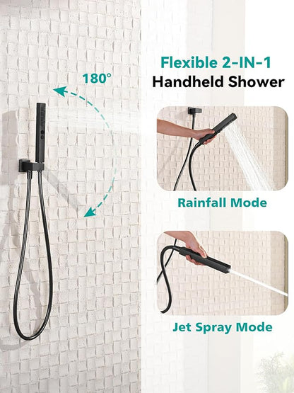 Lefton Shower System in Fahrenheit Display (Battery-free), 10” Overhead Shower Head with All-in-one Handheld Spray Showerhead and Bathtub Faucet, 4-in-1 Control System, SSWM2502 (Matte Black)