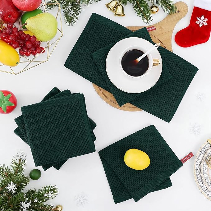 Homaxy 100% Cotton Waffle Weave Kitchen Dish Cloths, Ultra Soft Absorbent Quick Drying Dish Towels, 12 x 12 Inches, 12-Pack, Blackish Green