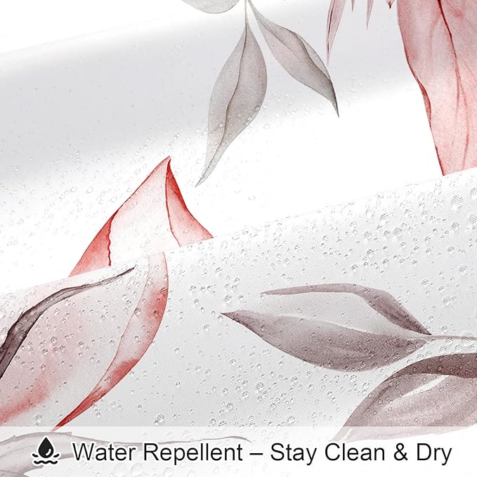 Red and Grey Boho Watercolor Floral Shower Curtain, Ink Painting Style Blossom & Leaf Shower Curtains for Chic Elegant Bathroom, Artistic Fabric Cloth Flower Shower Curtain, 72x72
