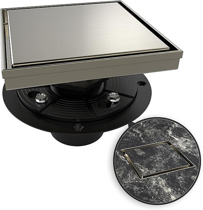 WEBANG 6 Inch Square Shower Drain Nickel Floor Drain with Flange Reversible 2-in-1 Cover Tile Insert Grate Removable SUS304 Stainless Steel CUPC Certified Brushed Nickel