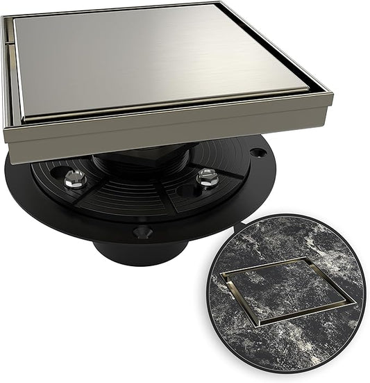 WEBANG 6 Inch Square Shower Drain Nickel Floor Drain with Flange Reversible 2-in-1 Cover Tile Insert Grate Removable SUS304 Stainless Steel CUPC Certified Brushed Nickel