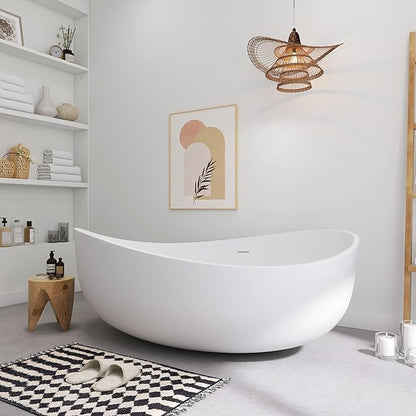 SJ STAR&JANE 71" Solid Surface Freestanding Bathtub, Oval Soaking Stone Resin Tub Couple Tub with Overflow and Pop-up Drain for Modern Bathrooms