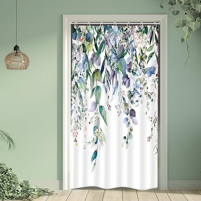 Riyidecor Small Stall Teal Eucalyptus Shower Curtain for Bathroom Decor 36Wx72H Green Leaves Plant Watercolor Floral Rustic Botanical Spring Art Printed Fabric Polyester Waterproof 7 Pack Plastic