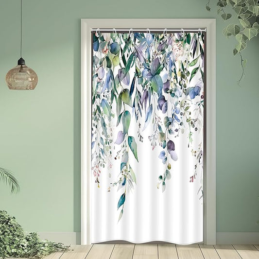 Riyidecor Small Stall Teal Eucalyptus Shower Curtain for Bathroom Decor 36Wx72H Green Leaves Plant Watercolor Floral Rustic Botanical Spring Art Printed Fabric Polyester Waterproof 7 Pack Plastic