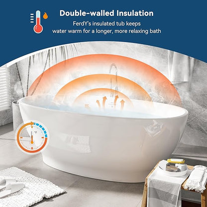 FerdY Koh Samui 65" Freestanding Bathtub, Elegant Oval Shape, Double Walled Insulation Bathtub with Center Brushed Nickel Drain & Minimalist Linear Design Overflow