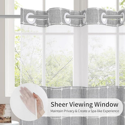 MitoVilla No Hooks Required Farmhouse Shower Curtain with Snap-in Liner - with Window & Magnets, Boho Cotton Linen Fabric Shower Curtains with Tassels for Rustic Bathroom Decor, Grey, 72 x 74