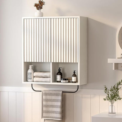 Fluted Wall Cabinet Set of 2, Wooden Bathroom Medicine Cabinet Storage with 2 Doors, Adjustable Shelf and Towels Bar, Modern Wall Mount Large Floating Cabinet for Kitchen White