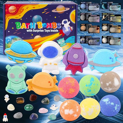 Galaxy Bath Bombs for Kids with Surprise Inside, 12pcs Planet Bath Bombs with Space Gemstones, Organic Essential Oil Bubble Bath for Kids Boys Girls Christmas Birthday Gift