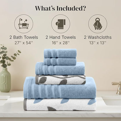 Modern Threads Organic Vines 6-Piece 100% Cotton Towel Set – Yarn Dyed Jacquard & Solid – Includes 2 Bath Towels, 2 Hand Towels, 2 Washcloths – Absorbent, Quick Dry, Soft & Durable – Blue