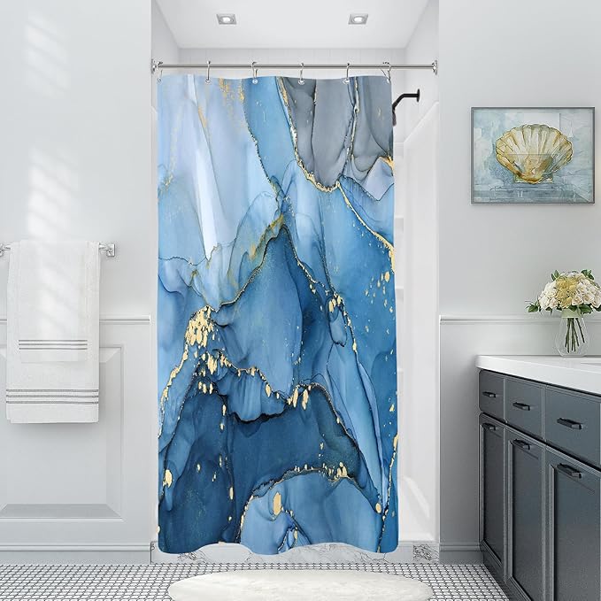 Small Stall Marble Shower Curtain 36 x 72 Inch, Half Narrow Abstract Modern Shower Curtains for Bathroom, Luxury Art Ink Texture Fabric Shower Curtain Set with Hooks, Blue