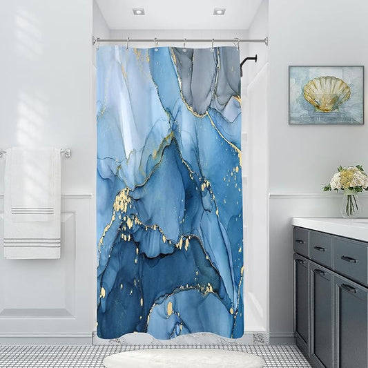 Small Stall Marble Shower Curtain 36 x 72 Inch, Half Narrow Abstract Modern Shower Curtains for Bathroom, Luxury Art Ink Texture Fabric Shower Curtain Set with Hooks, Blue