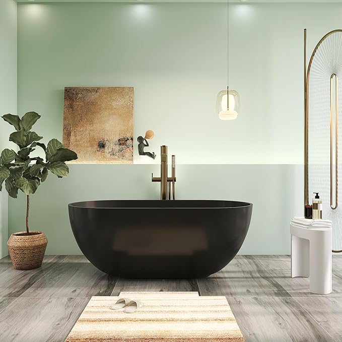 59" Premium Matte Black Solid Surface Freestanding Bathtub, Modern Design Stone Resin Bath Tub with Overflow and Pop-up Drain