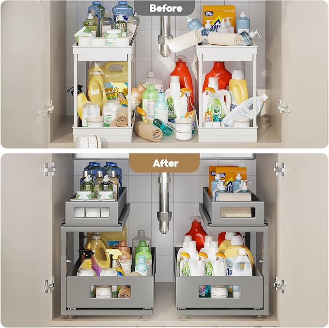 2 Pack 18.5IN-Depth Under Sink Organizer With Next-Gen Ball-Bearing Slides,2-Tier Pull Out Cabinet Storage,Height Adjustable Drawer Shelf for Bathroom,Kitchen,Laundry,Cabinet,Pantry-Gun Gray