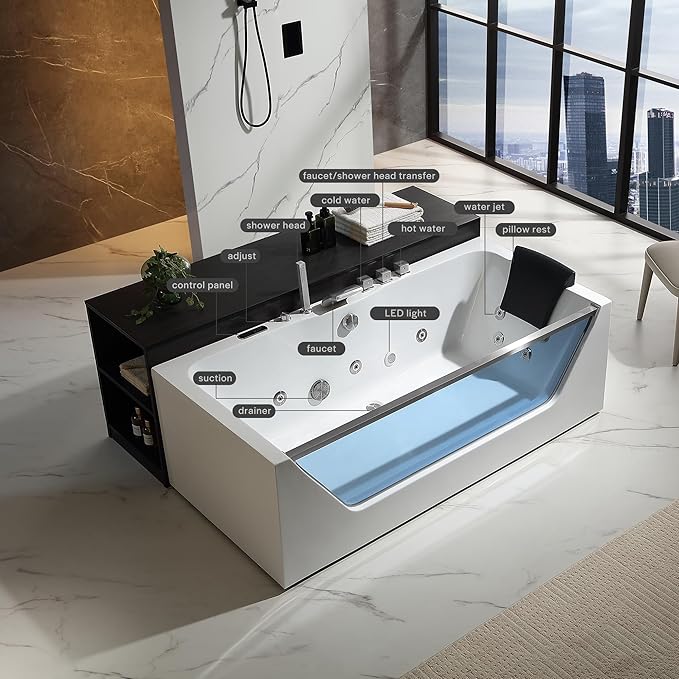 Empava Acrylic Whirlpool Bathtub, 71-Inch Jetted Bathtub with Heater, 10 Jets Hydromassage with Chromatherapy, 3-Side Apron with LED Control Panel, Waterfall & ETL Certified, Blcak Pillow