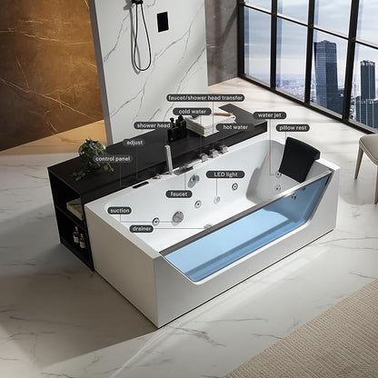 Empava Acrylic Whirlpool Bathtub, 71-Inch Jetted Bathtub with Heater, 10 Jets Hydromassage with Chromatherapy, 3-Side Apron with LED Control Panel, Waterfall & ETL Certified, Blcak Pillow