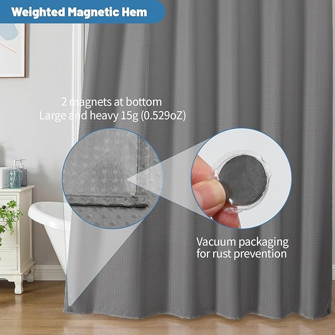 2-in-1 Waterproof Fabric Shower Curtain - No Separate Liner Needed, Hotel-Style Waffle Weave, Effortless Cleaning & Washable Bathroom Shower Curtain Set,72Wx72H,Grey