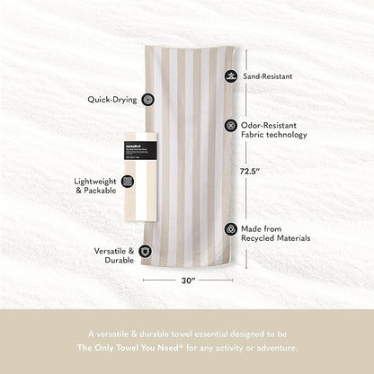 Nomadix Original Towel - Perfect for Beach, Pool, Travel, Camping, Yoga - Made with Recycled Materials - Super Absorbent - Sand Resistant - Cabana Stripe Beige - 72.5x30