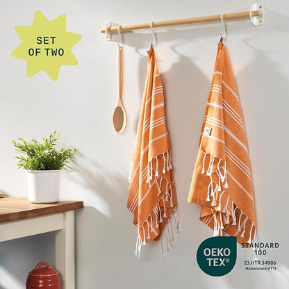WETCAT Turkish Hand Towels with Hanging Loop, Set of 2 (20" x 30") 100% Turkish Cotton, Pre-Washed, Quick Drying, for Kitchen or Bathroom - Burnt Orange