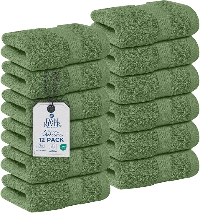 DAN RIVER 12-Pack Premium 100% Cotton SAGE Green Face Towels – Reusable Face Towel Set, Soft & Absorbent Body wash Cloths – Hand and Face Towels, 550 GSM (12x12 in)