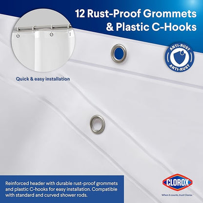 CLOROX Shower Curtain Liner & Hooks, Premium Lightweight Flexible Waterproof 4g PEVA for Bathroom with Weighted Magnets, Standard Size 70" x 72", Frosty 1 Pack