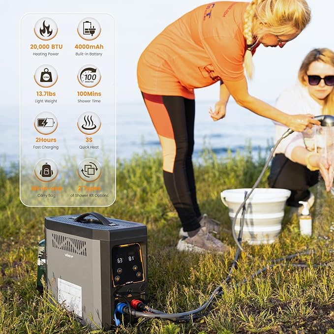Powered Portable Water Heater, On-Demand Propane Camping Shower, Battery-Powered Camping Water Heater & Shower Pump Constant Temperature, Rechargeable Battery