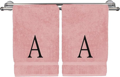 Monogrammed Hand Towel, Personalized Initial Gift, Extra Absorbent 100% Turkish Cotton - Soft Terry Finish - Set of 2 - Black Block Initial A - Embroidered on Pink Towels