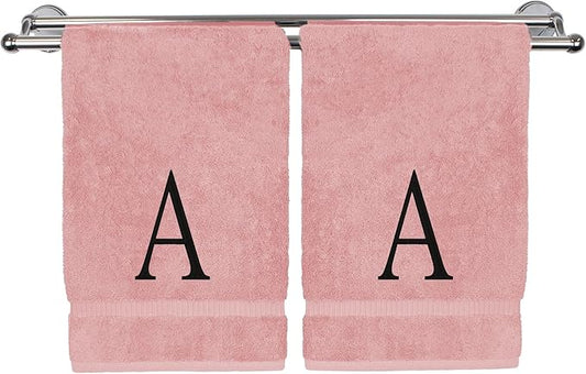 Monogrammed Hand Towel, Personalized Initial Gift, Extra Absorbent 100% Turkish Cotton - Soft Terry Finish - Set of 2 - Black Block Initial A - Embroidered on Pink Towels