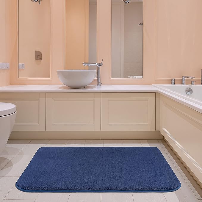 American Soft Linen 21x32 Fluffy Foamed Slip Reducer Bath Rug, Machine Washable Area Bath Mat Rugs for Bathroom, Navy Blue