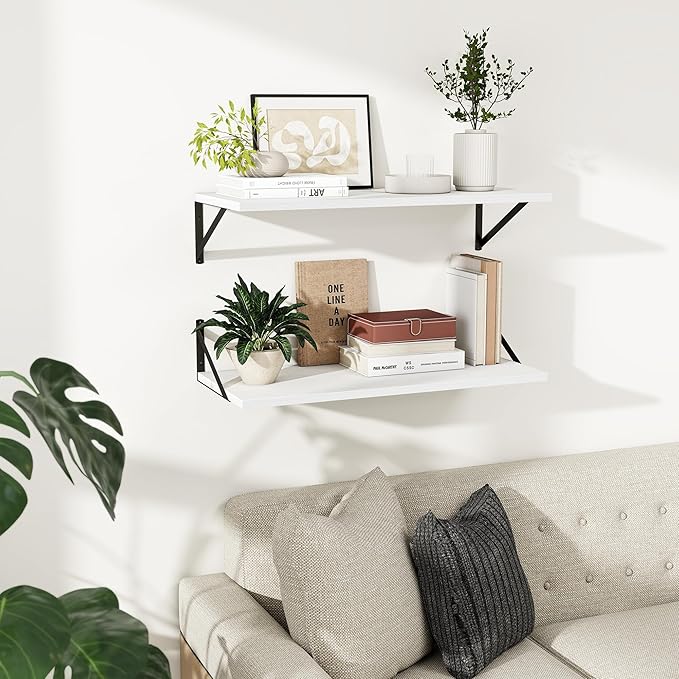 Dreamland Floating Shelves for Wall, 12 Inch Deep Floating Shelves Set of 2, 30W x 12D Large Wall Shelf with Sturdy Metal Brackets for Living Room, Bathroom, Bedroom and Kitchen, White