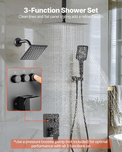 VEVOR Shower Faucet Set, 12 Inch Ceiling Mount Rainfall Shower System with 6 Inch Wall Mount Head and 4 in 1 Handheld Spray, Rotatable 3-Function Dual Rain Head Brass Valve and Trim Kit, Matte Black