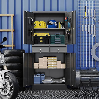 Aobabo 71" H×30" W×15" D Metal Storage Cabinet with 2 Drawers, Locking Steel Storage Cabinet with 2 Adjustable Shelves and 8 Hooks for Garage, Office, Black, Assembly Required