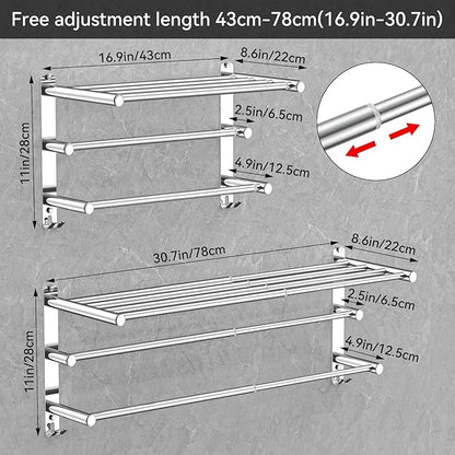 Adjustable Towel Bar for Bathroom Wall Mount17-30.7inch Adhesive Shower Towel Rack Stainless Steel Bath Towel Holders for Toilet Kitchen Double Towel Hanger (3-Layer Towel Rack)