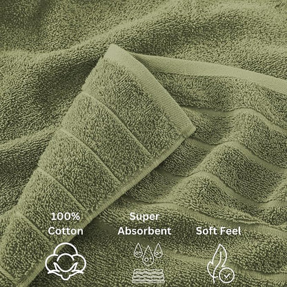 Casa Platino 100% Cotton 8 Piece Bath Towel Set - Ring Spun, Quick Dry, Super Soft & Highly Absorbent - 2 Bath, 4 Washcloths, 2 Bathroom Hand Towels - Hotel Quality Bathroom Towel Set - Oil Green