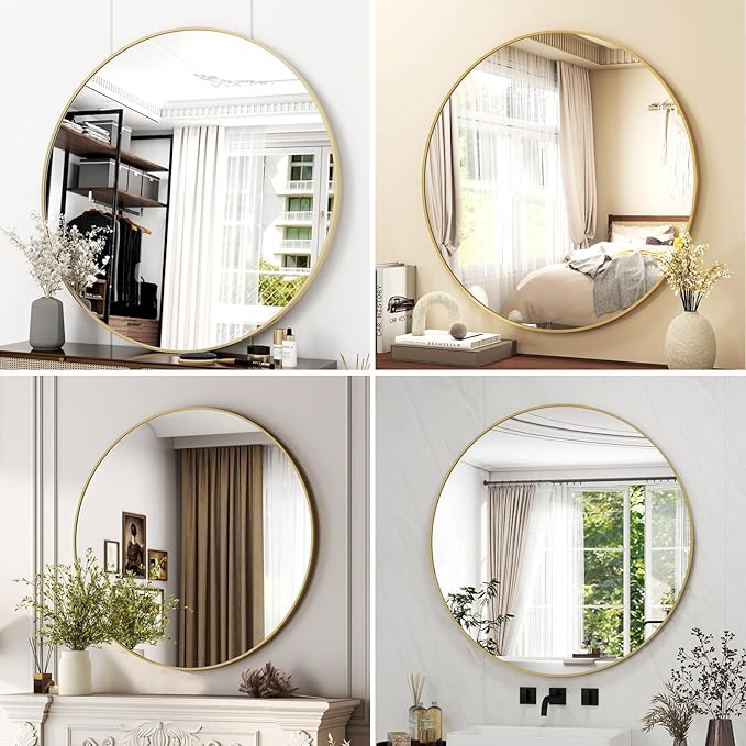 32 Inch Round Bathroom Mirror - Black Wall Mounted Circle Mirror with Metal Frame, Modern Round Hanging Mirror Suitable for Bathroom, Vanity, Entryway, Living Room