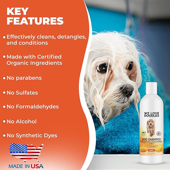 We Love Doodles Pet Rubber Bath Brush and Dog Shampoo (Bundle) - for Shower Scrubbing & Soothing Massage and Organic Dog Shampoo, Conditioner & Detangler - Made in The USA