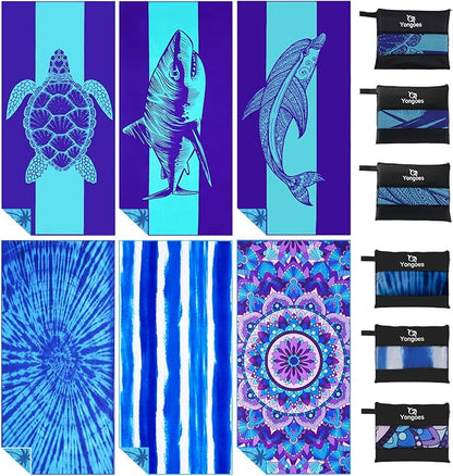 6 Pack Microfiber Lightweight Thin Beach Towel Sand Free Quick Dry Super Absorbent Large Towels for Swimming Pool Yoga Gym Travel Vacation Beach Accessories Essentials for Adults