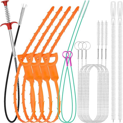 12 Pack Drain Clog Remover Kit, 59" Drain Snake(3pcs), 37" Steel Sink Snake(2pcs), 25" Snake Drain Hair Removal Tool(4pcs), 24" Drain Cleaner Tool(1pc), 18" Drain Brush(2pcs) for Sink, Toilet, Shower