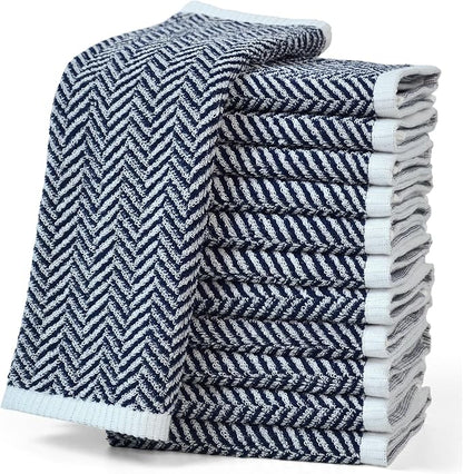 Cleanbear Wash Cloths for Showering with Striped Herringbone Patterns, 12 Cotton Washcloths for Bathroom, Large 13 X 13 Inches, Navy-Blue