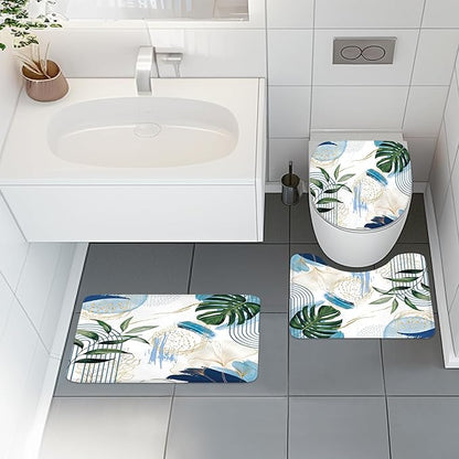 4 PCS Blue Boho Shower Curtain Set 72Wx72H Non-Slip Bath Rug Toilet Lid Cover and U Shape Mat Navy Modern Tropical Palm Leaves Complete Bathroom Set Accessories with 12 Hooks Bathroom Decor