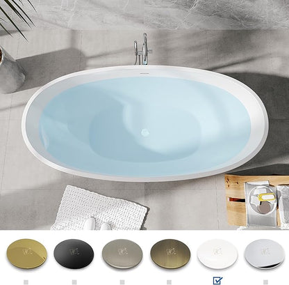 FerdY Koh Samui 65" Freestanding Bathtub, Elegant Oval Shape, Double Walled Insulation Bathtub with Center Polished White & Minimalist Linear Design Overflow
