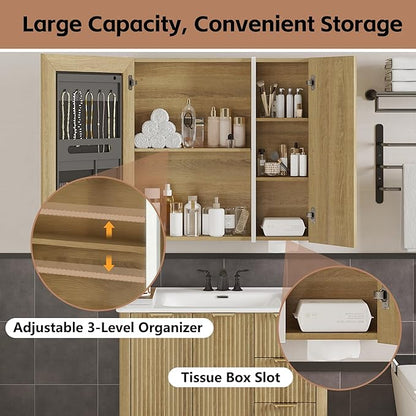 Lighted Bathroom Medicine Cabinet with Mirror，30 x 28 Inch Wall-Mounted Bathroom Wall Cabinet with Storage, LED Lights, Adjustable Shelves,Natural