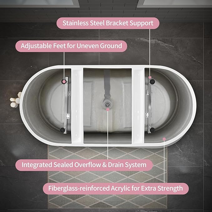 ABRUZZO 55" Acrylic Freestanding Bathtub - Deep Soaking Tub with Pop-Up Drain & Overflow, Glossy White Standalone Bathtub for Modern Bathroom, Fiberglass Reinforced Construction
