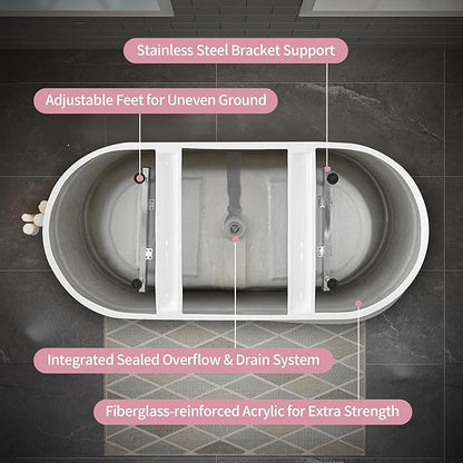 ABRUZZO 63" Acrylic Freestanding Bathtub - Deep Soaking Tub with Pop-Up Drain & Overflow, Glossy White Standalone Bathtub for Modern Bathroom, Fiberglass Reinforced Construction